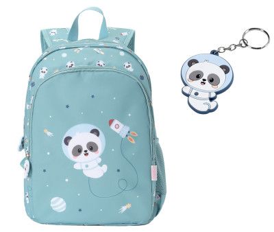 MOCHILA MEDIANA PANDAS IN SPACE + LLAVERO 